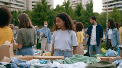 Obraz premium People browsing through piles of secondhand clothing at an outdoor swap market on a sunny day