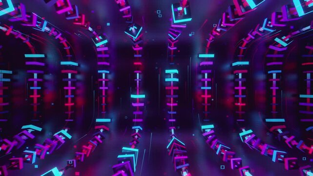 Hypnotic seamless loop of a futuristic geometric array. Abstract digital system made of rotating square prisms, crystalline lattices and textured metal grids, creating deep abstract background.