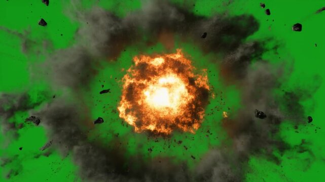 Massive ground shockwave explosion with rapid blast effect. High-impact cinematic VFX detonation on green screen for compositing.