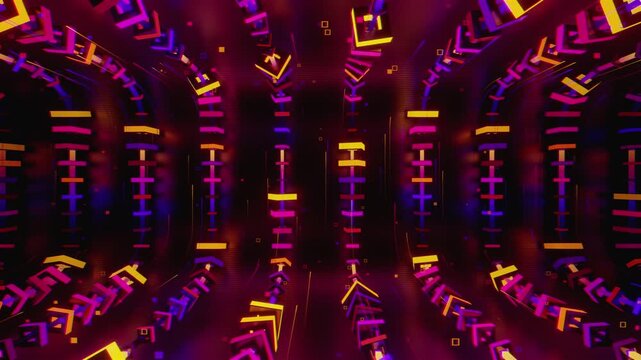 Hypnotic seamless loop of a futuristic geometric array. Abstract digital system made of rotating square prisms, crystalline lattices and textured metal grids, creating deep abstract background.