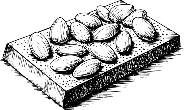 Una tinta detallada en blanco y negro de una tableta de chocolate rectangular cubierta con almendras tostadas enteras