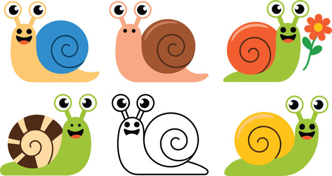 Cute snail vector character set featuring colorful cartoon garden bugs with shells, a flower, and a black line art version.