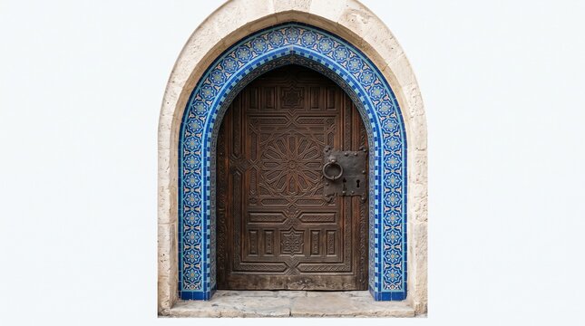 Ornate Ancient Wooden Door with Blue Mosaic Tile Archway in Jerusalem