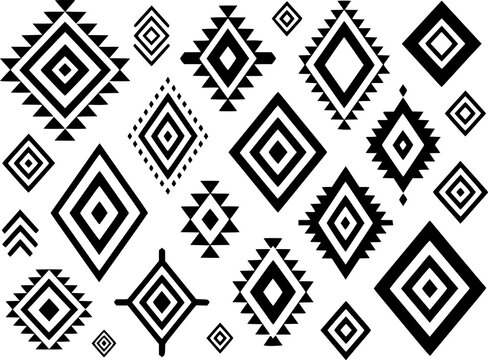 Colecci&oacute;n de varias formas de diamante geom&eacute;tricas en blanco y negro y patr&oacute;n estilo azteca tribal aislado