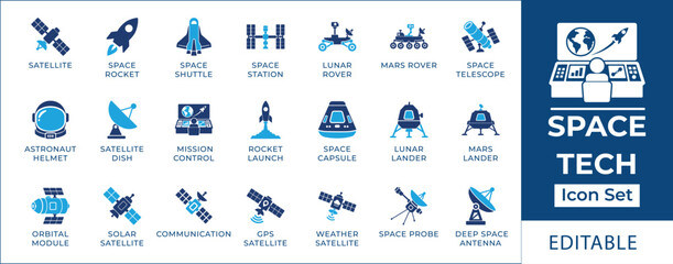 Space tech solid icon set. Featuring satellite communication, rocket launch, mars rover, and space station. Vector icons for science exhibition, educational textbook, and telemetry dashboard. © FlatCore Studio