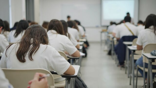 Students sitting in rows taking an exam in a large classroom or lecture hall