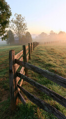 Fototapeta premium Scenic rural landscape with a wooden fence during sunrise in a misty field