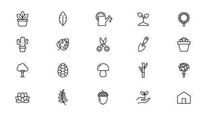 Collection of minimalist line icons depicting various plants flowers gardening tools and nature elements on transparent background © Mary