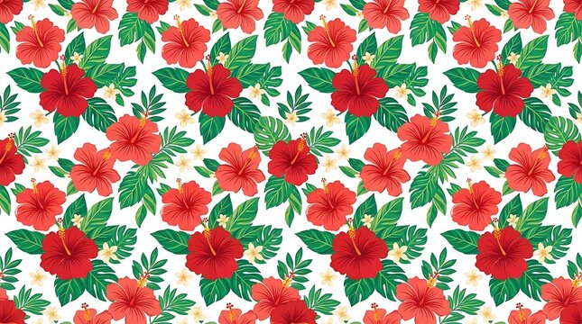 Red hibiscus flowers and green tropical leaves seamless pattern