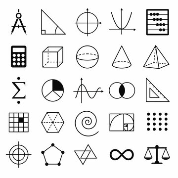 Comprehensive set of math and geometry tools, shapes, and concepts vector icons