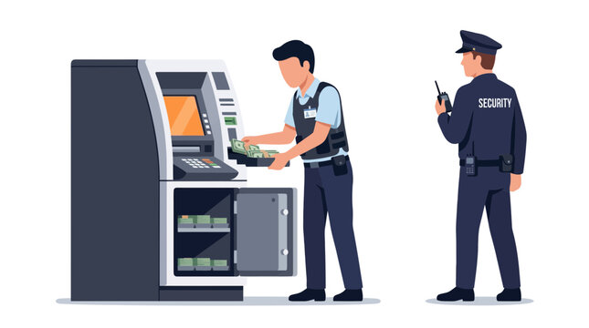 Security guard supervising ATM cash replenishment by armored personnel