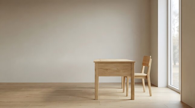 Minimal Empty Study Room with Wooden Desk and Chair Near Large Window with Natural Light