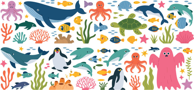 Cute sea animal vector element set featuring cartoon whale penguin octopus turtle dolphin jellyfish seaweed and coral under the ocean character collection