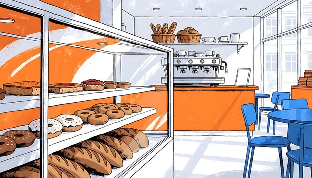 Handdrawn illustration of a modern bakery shop interior with donuts bread and coffee machine on the counter
