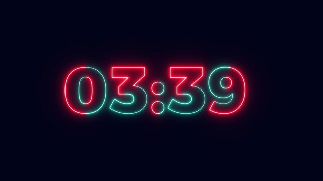 Clock 4 Minute countdown animation Timer Countdown. Countdown 4 minutes.Four minute to zero second countdown. Neon four minute countdown timer with alpha channel