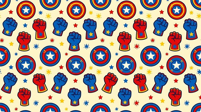 Seamless pattern with superhero shields clenched fists and stars