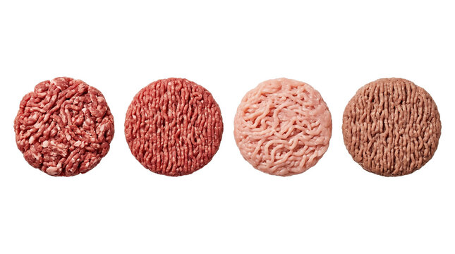 Row of four raw meat burger patties with different textures high quality 4K PNG image in white high quality 4K PNG image in white background