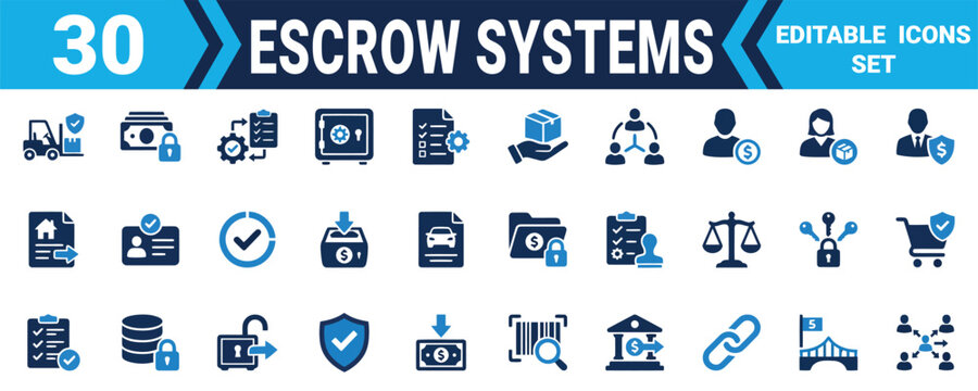Set of thirty escrow systems and secure financial transaction business icons in blue and black colors Minimal solid fill icon set bundle collection. Editable Vector Illustration Mega pack