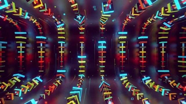 Hypnotic seamless loop of a futuristic geometric array. Abstract digital system made of rotating square prisms, crystalline lattices and textured metal grids, creating deep abstract background.