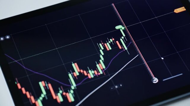 Closeup of a digital tablet displaying a financial stock market trading chart with candlestick patterns and technical analysis indicators
