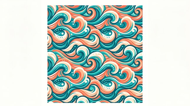 Seamless ocean wave pattern with vibrant teal and orange swirls