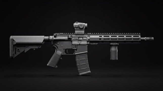 Black tactical assault rifle with mounted optical scope and vertical foregrip on dark background with vertical grip isolated ammunition horizontal mechanical with isolation