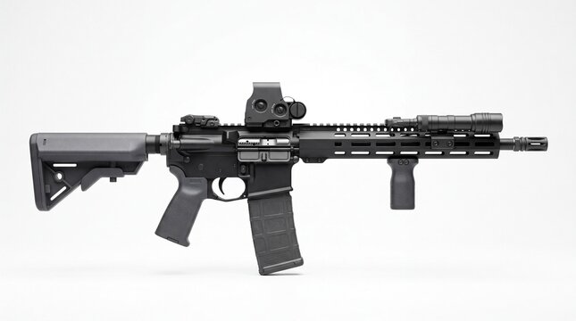 Black tactical rifle with scope and grip isolated on white background with scope foregrip ammunition mechanical equipment precision military weaponry magazine with operator