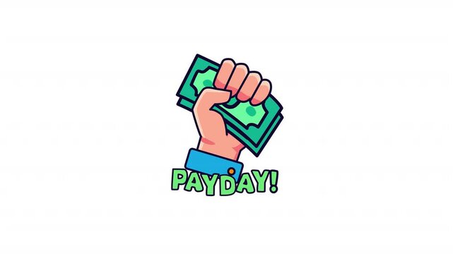 Animated payday sticker with hand holding cash, fun salary celebration loop, with transparent alpha background suitable for editing