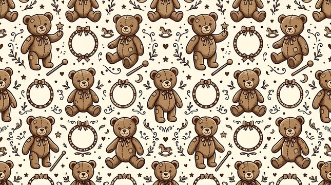 Seamless pattern of vintage teddy bears and nostalgic toys