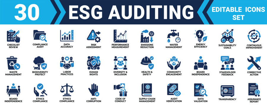 Set of thirty esg auditing icons representing environmental social and governance business compliance standards Minimal solid fill icon set bundle collection. Editable Vector Illustration Mega pack