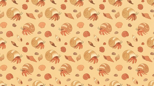 Cute seamless pattern with hermit crabs and seashells