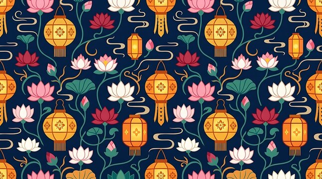 Mid autumn festival seamless pattern with glowing lanterns and lotus