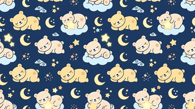 Cute sleeping teddy bear pattern with moons and stars on navy blue