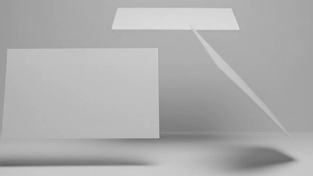 Three blank rectangular cards floating in a minimalist studio space