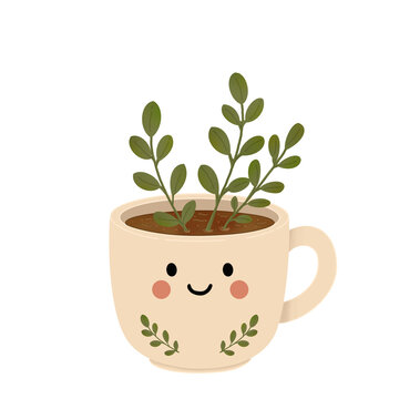 Smiling Coffee Mug Planter with Green Leaves Illustration