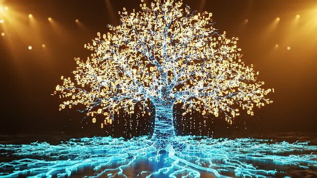 Digital Binary Tree Growing from Glowing Circuit Roots, Futuristic AI and Big Data Concept Animation on Solid Dark Background