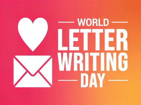 World Letter Writing Day illustration with heart and envelope icon on pink and orange gradient background