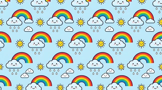 Happy seamless pattern of smiling weather clouds rainbows and suns