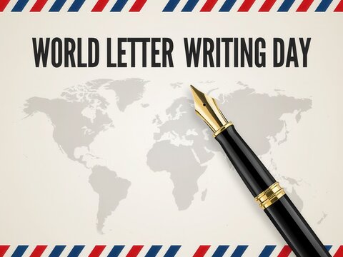 World Letter Writing Day banner with fountain pen and world map on airmail border background