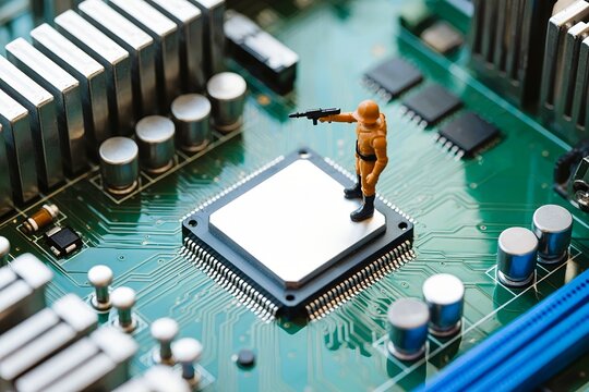 Toy soldier figure standing with gun on computer microchip. Cyber warfare and security concept