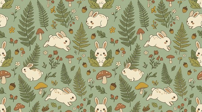 Cute woodland rabbits seamless pattern with ferns and mushrooms