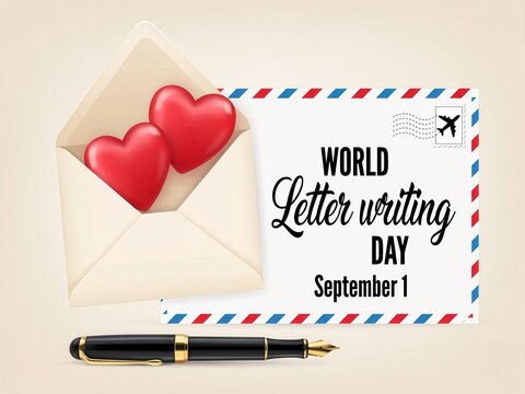 World Letter Writing Day greeting card with envelope, hearts and fountain pen