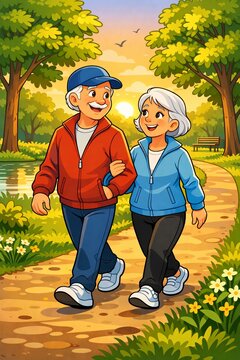 Happy Senior Couple Walking Together in Park at Sunset &ndash; Active Healthy Lifestyle Illustration