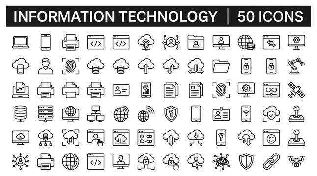 Information technology line icons set for web development and software infrastructure design.