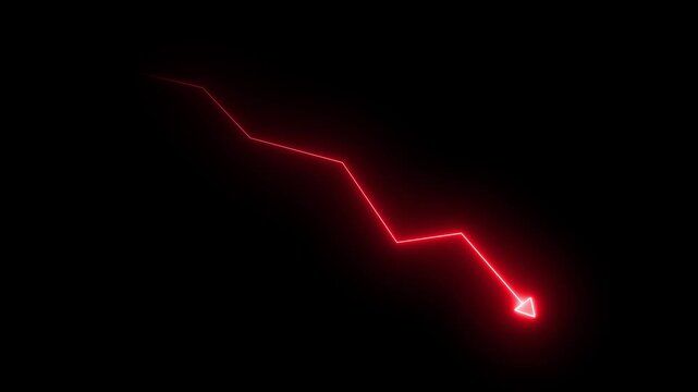 glowing red neon downward graph with arrow indicating decline, loss, and negative trends on a dark, on alpha transparent background