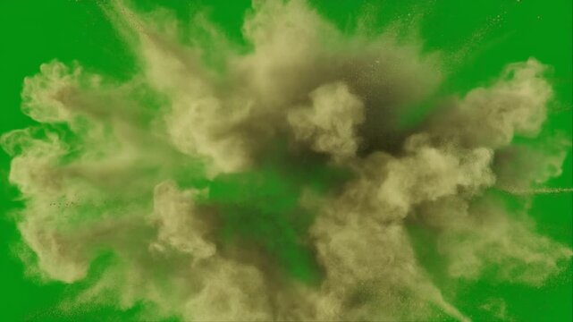 Slow-motion dust explosion in mid-air. Fine particulate debris bursting outward in dramatic cloud formation.