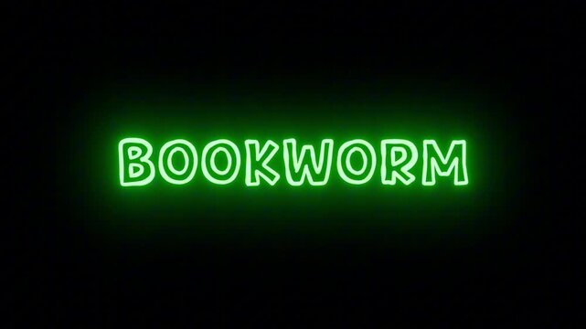 Natural Green Neon Logo 'BOOKWORM' with Continuous Loop and Clear Background, Perfect for Libraries, Schools, and Bookstore Vlogs