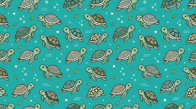 Cute sea turtle seamless pattern on turquoise water background