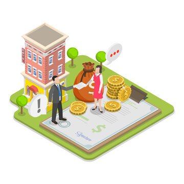 3D Isometric Flat  Illustration of Home Loan Agent Checking Credit History. Item 1
