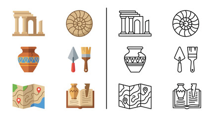 Archaeology Icons: Ancient Ruins, Pottery, Fossils, Tools, Map, Book © Zeyi